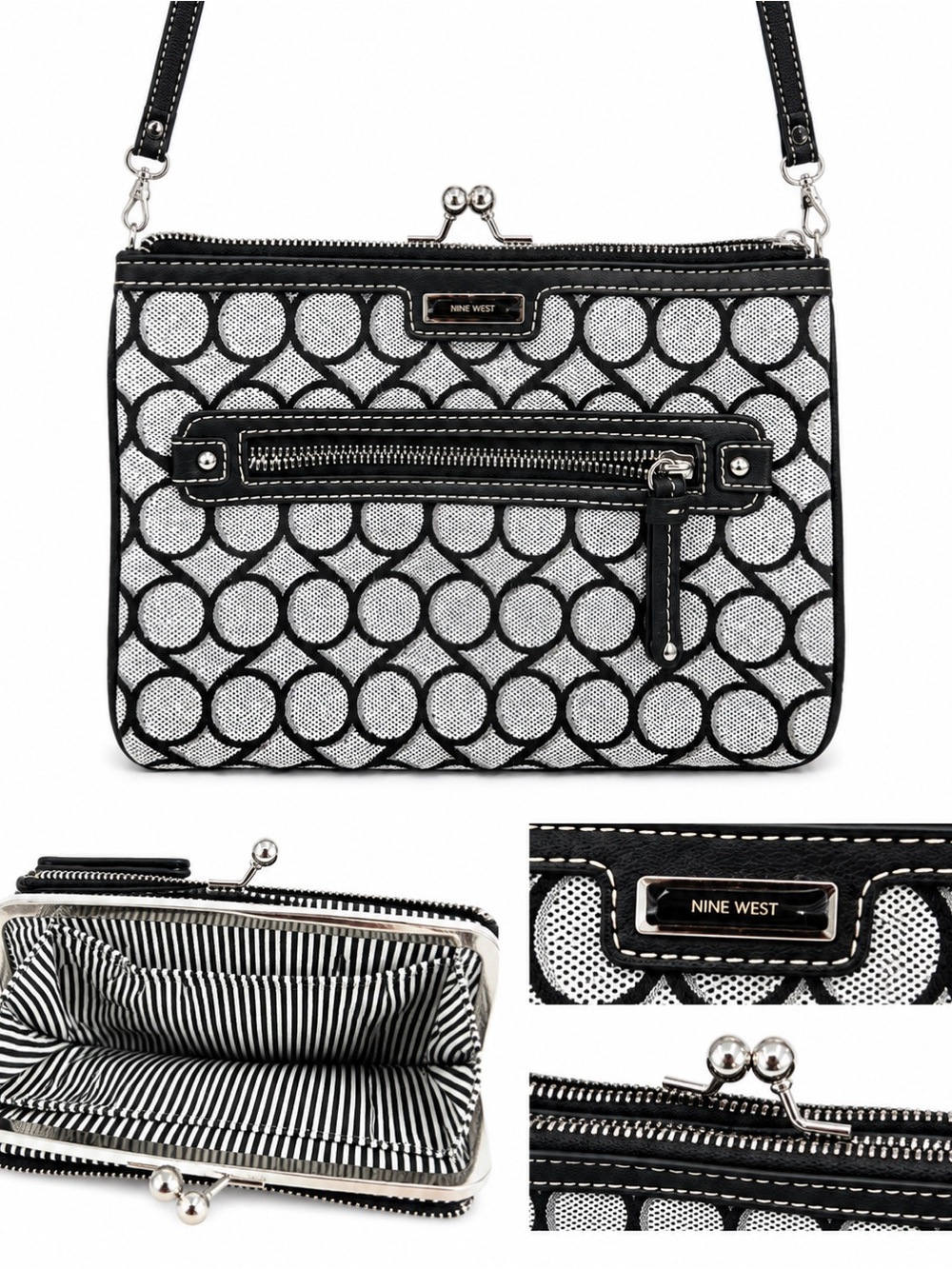 Nine West Triple Compartment Geometric Crossbody Purse – Black & White